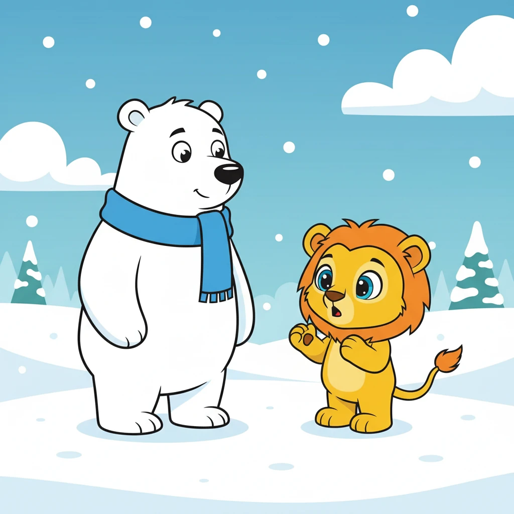 Juba se depara com um urso polar na neve. Ele parece adaptado ao frio.