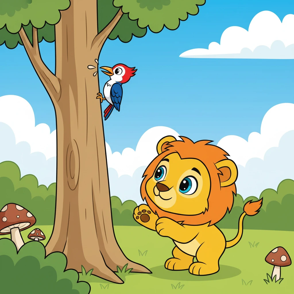 Juba encontra um pica-pau batendo em uma árvore. Ele está procurando comida.