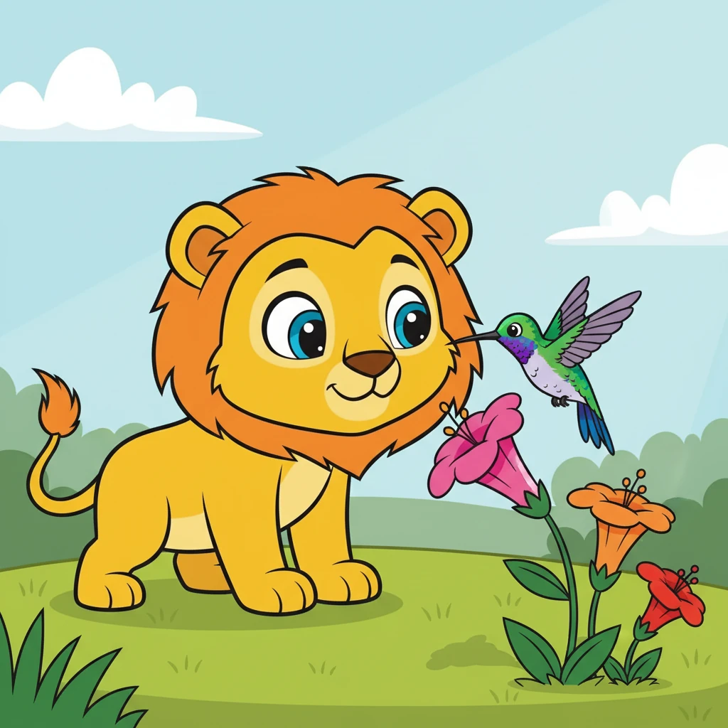 Juba observa um beija-flor voando de flor em flor. Ele é tão pequeno e veloz!