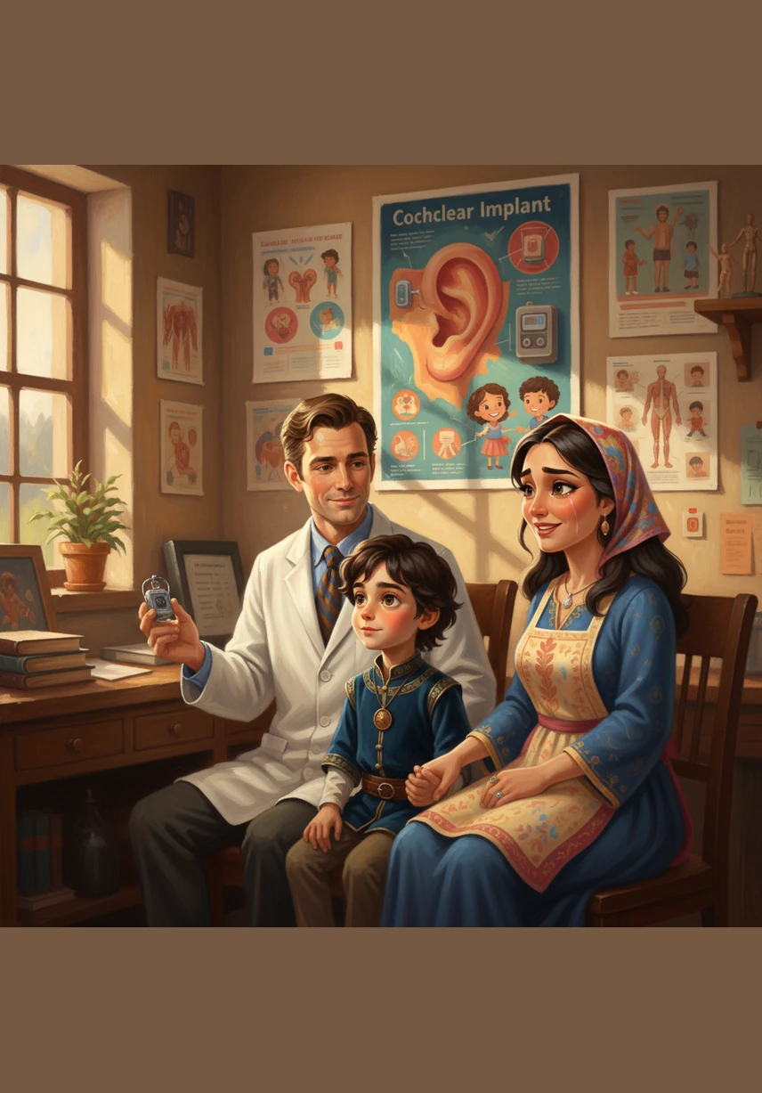 قرر والدا زين أخذه إلى طبيب مختص، حيث شرح لهما عن جهاز صغير سحري يسمى زراعة القوقعة يمكنه تغيير حياته. جلس زين يراقب الصور الملونة في عيادة الطبيب، شاعراً بالأمل الذي يلمع في عيون والديه.