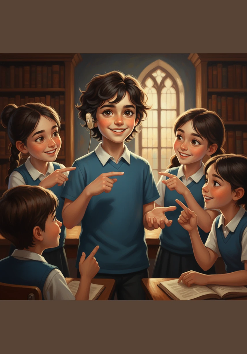 في مدرسته، تحلق زملاء زين حوله بفضول يسألونه عن الجهاز الصغير المثبت خلف أذنه. شرح لهم زين بكل فخر وثقة أنه أذنه السحرية التي تساعده على سماع ضحكاتهم ومشاركة القصص الجميلة معهم.