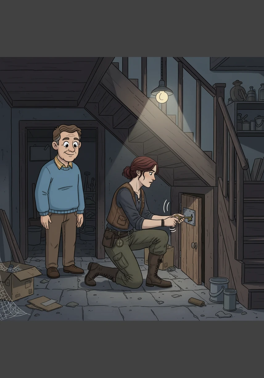 Maya searches the building and finds a tiny, unmarked door tucked deep under the basement stairwell that perfectly matches the key. She hesitates for a moment before turning the lock with a satisfying click.