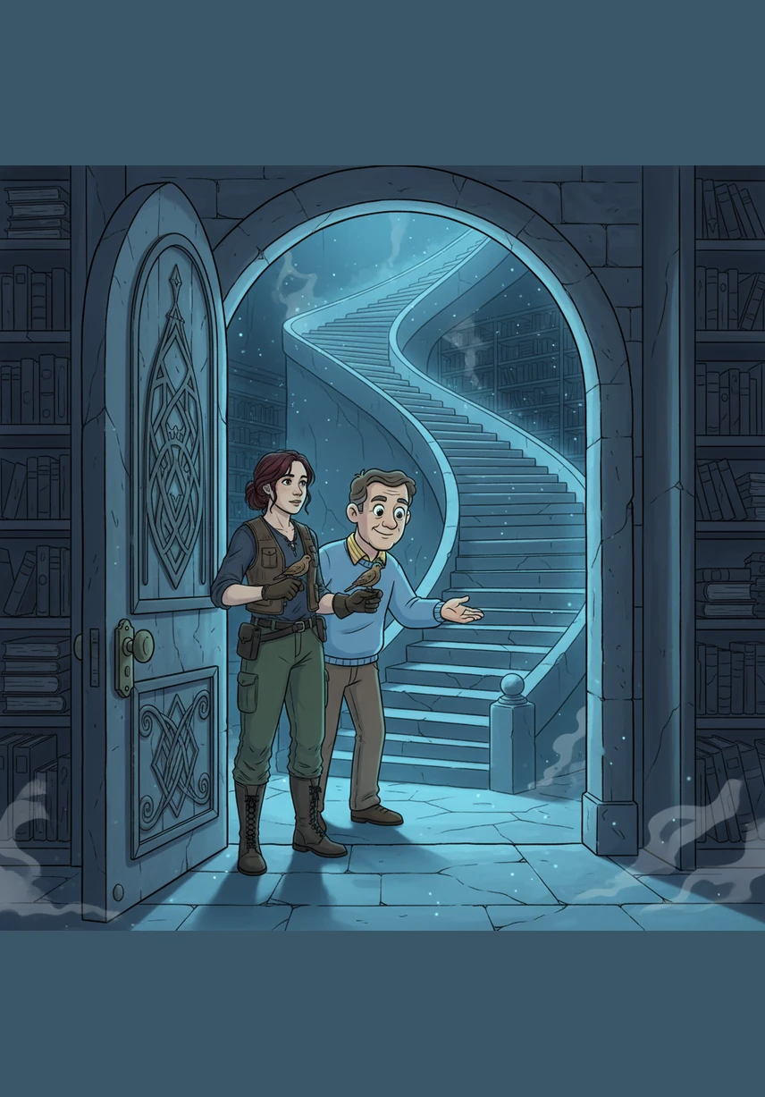 The door swings open to reveal a spiraling stone staircase bathed in a soft, blue bioluminescent glow. The air smells of old paper and ozone, pulling her deeper into the earth.
