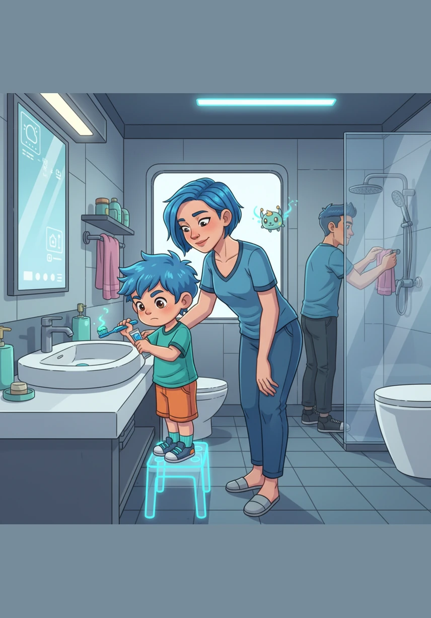 In the bathroom, Leo stands on his stool to reach the sink. He squeezes a tiny bit of minty toothpaste onto his blue brush. "Brush, brush, brush."