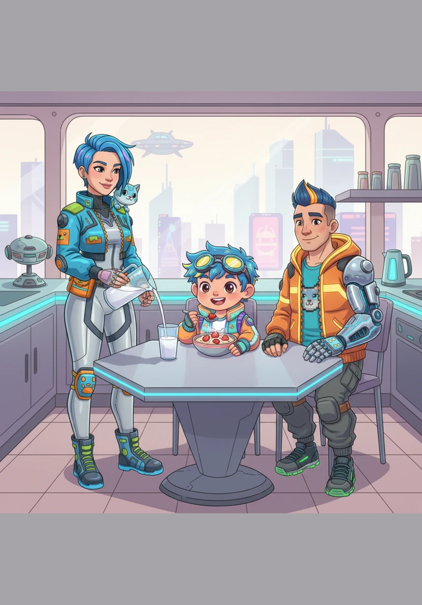 Leo sits at the kitchen table with a bowl of warm oatmeal and bright red strawberries. His mommy pours him a glass of cold milk. "Yummy, yummy food."