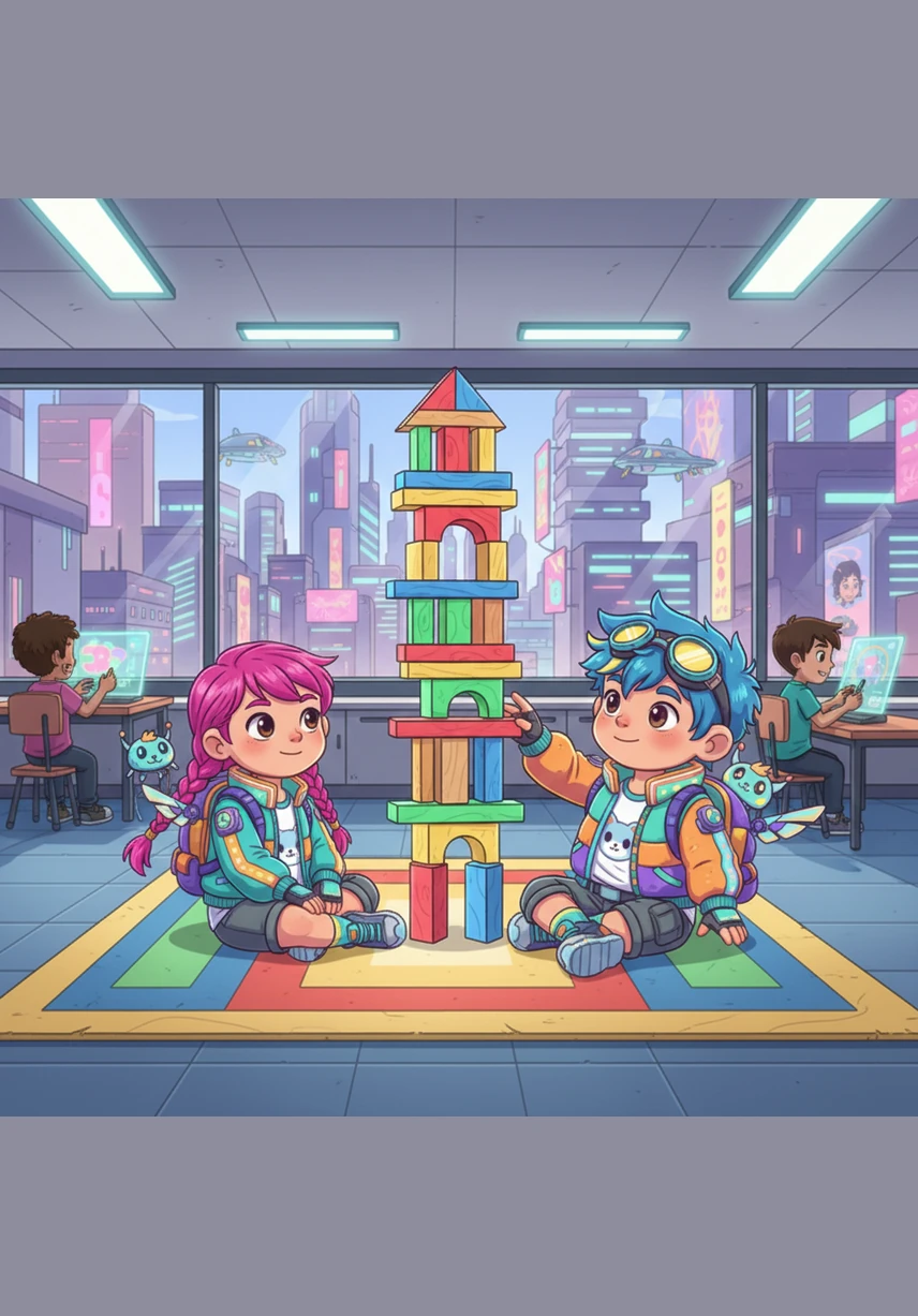 At school, Leo sits on the colorful rug with his best friend. They work together to stack bright wooden blocks into a giant skyscraper. "Build it high."