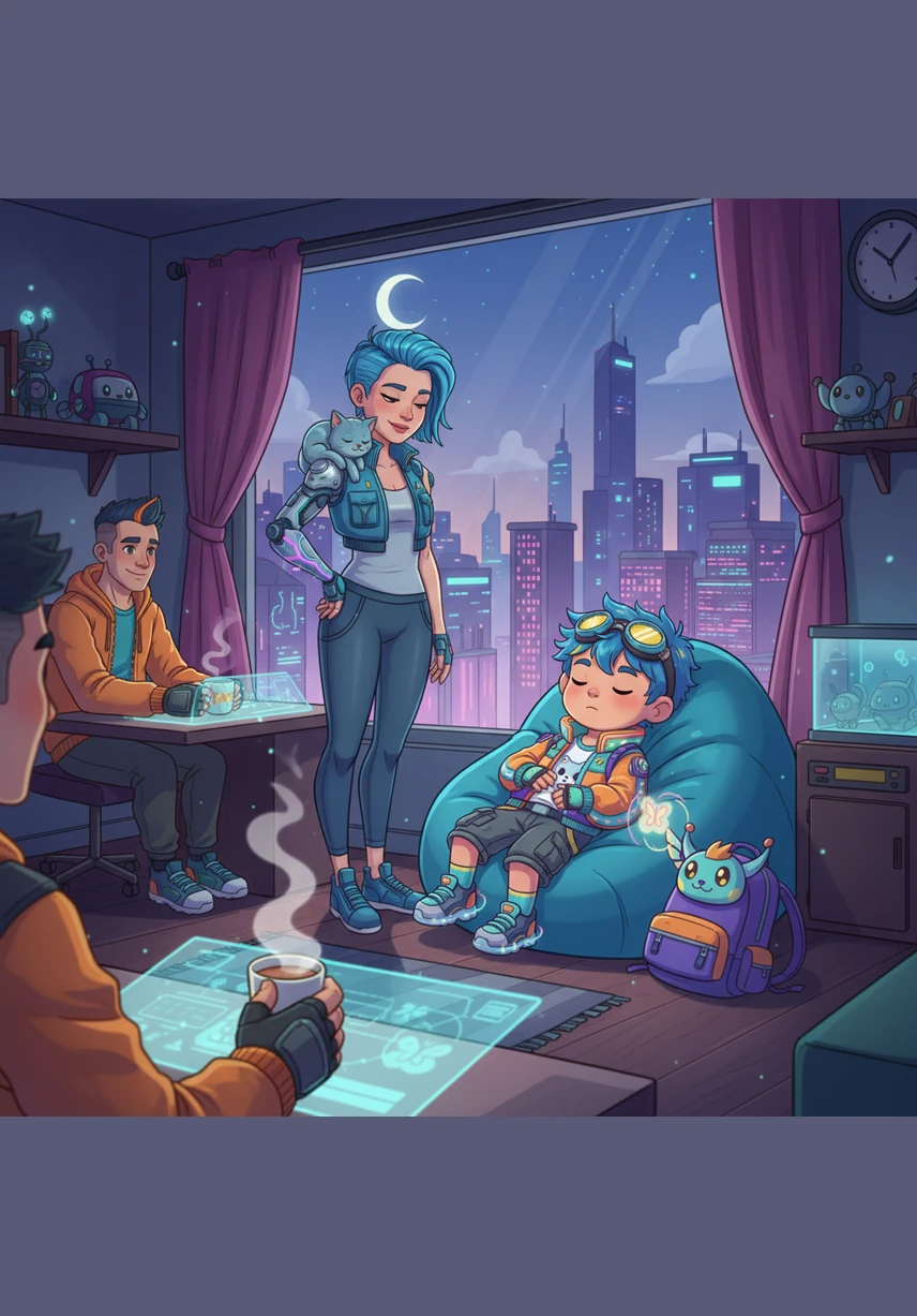 After a busy morning, Leo eats a crunchy apple and then snuggles onto his soft nap mat. The room is quiet and the lights are low. "Quiet time now."