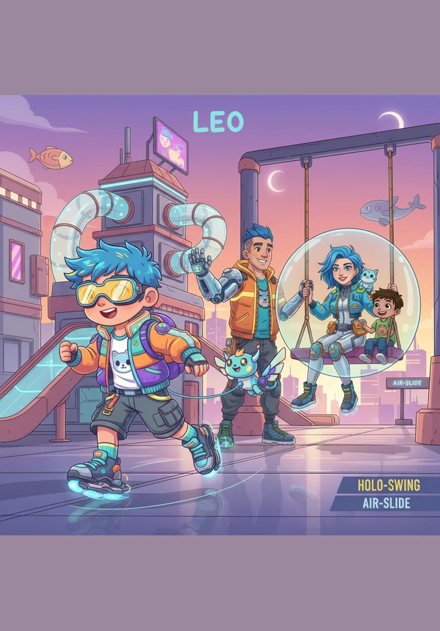 Leo runs to the playground and climbs up the ladder of the big green slide. He feels the wind on his face as he zooms down. "Whee, so fast!"