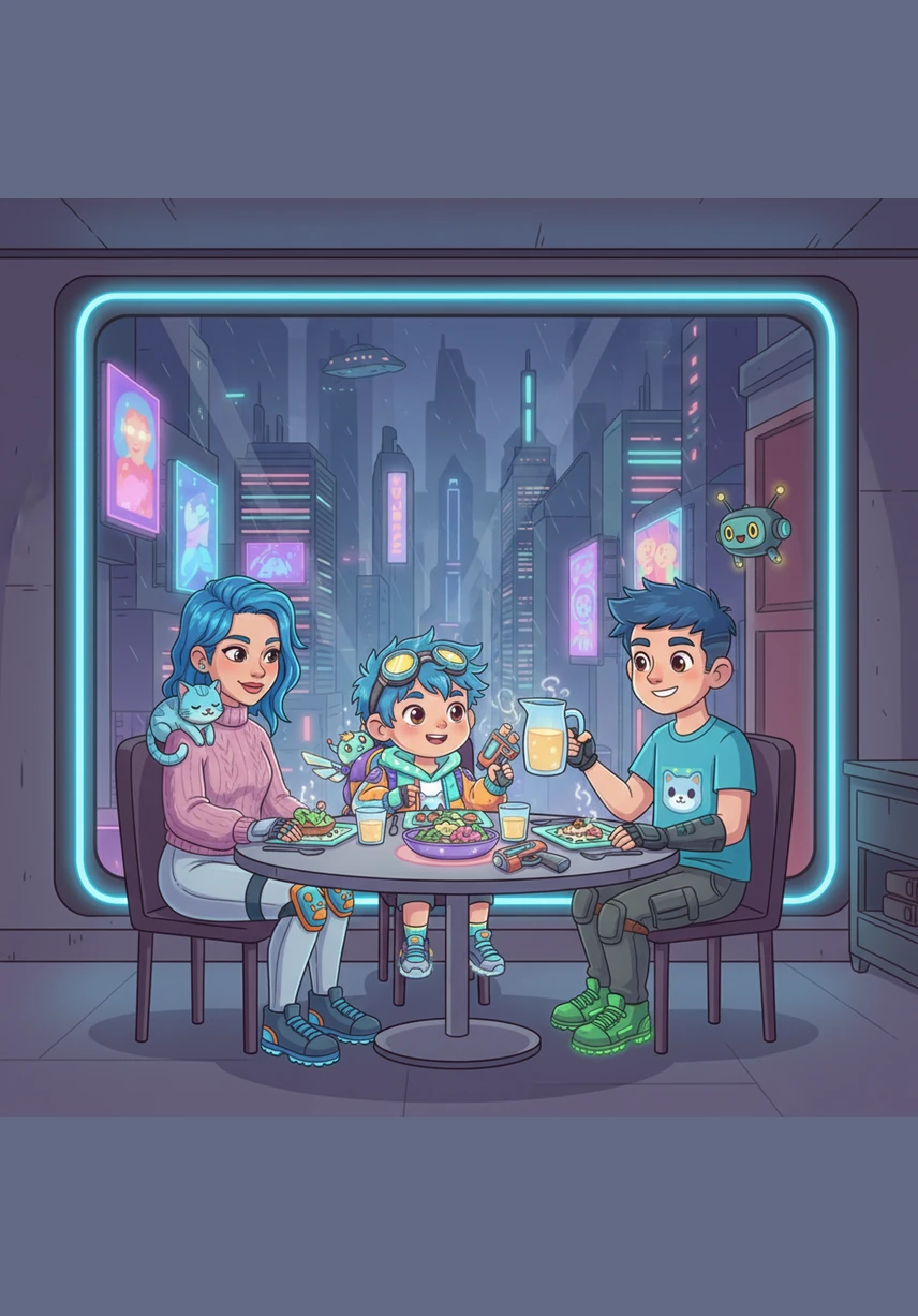 The whole family gathers around the table for a delicious dinner of pasta and peas. Leo tells his daddy about the tall tower he built. "Tastes so good."