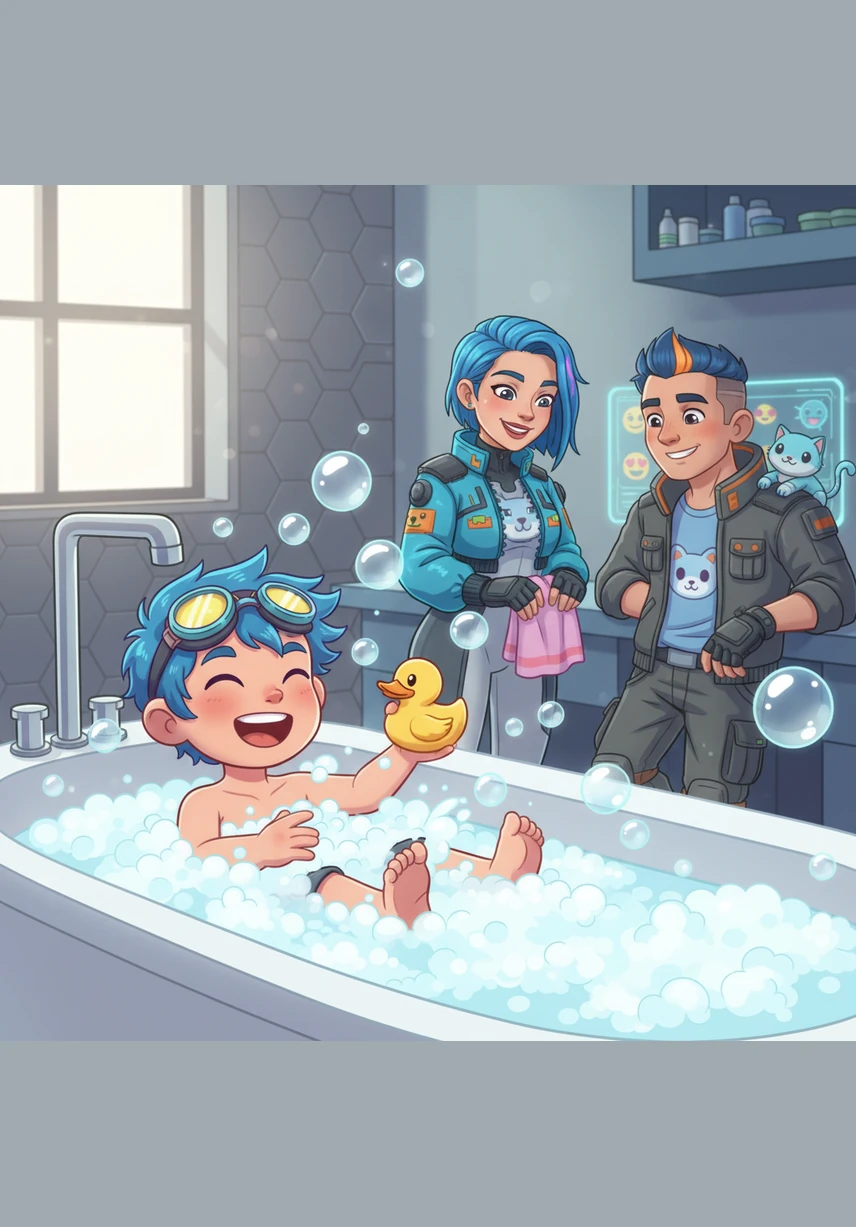 Leo plays with his yellow rubber ducky in a tub full of bubbly white foam. He splashes the water and laughs as the bubbles float away. "Splish, splash, fun!"