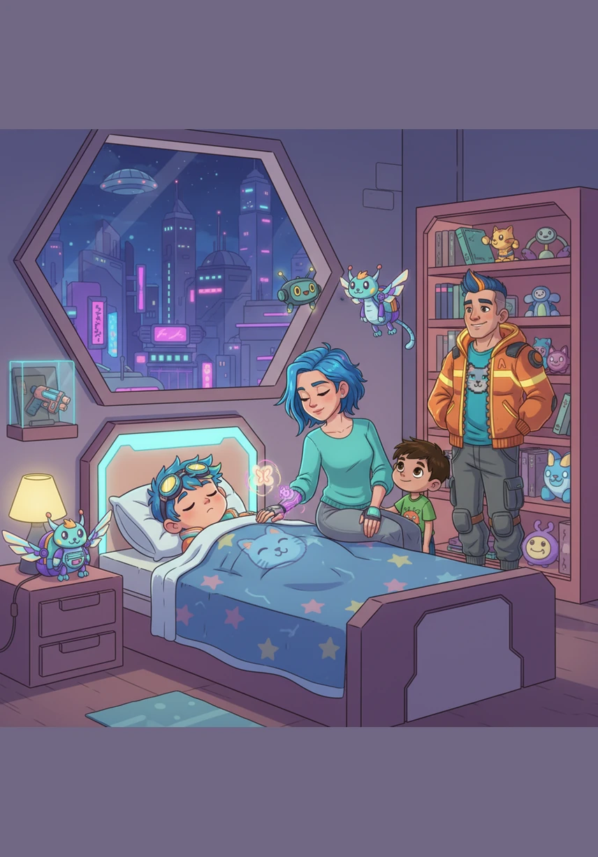 Tucked safely under his soft blue blanket, Leo listens to a story about a brave little bear. He closes his eyes and drifts off to sleep. "Goodnight, sweet dreams."