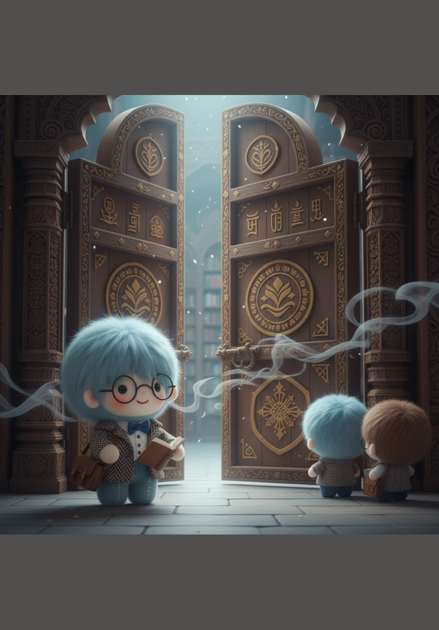 Aryaman stands before the massive gates of the Dharmaganja, the legendary library known as the Treasury of Truth. The air inside is cool and smells of aged parchment and sweet incense, inviting him into a world of endless discovery.