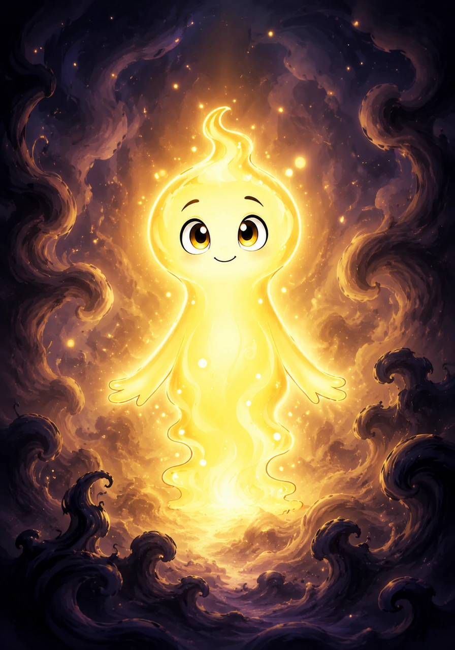 In the beginning, there was only soft, swirling twilight, and from this gentle haze, Auri, a radiant spirit of pure illumination, gently emerged. Auri floated peacefully in the vast emptiness, a warm glow surrounding them.