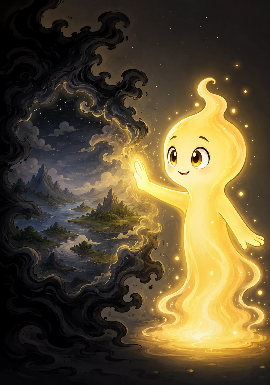 Auri watched with wonder as the swirling mist began to separate, giving shape to land, water, and sky, yet the new world was dim and incomplete. Deciding to share their radiance, Auri reached out to touch the nascent creation.