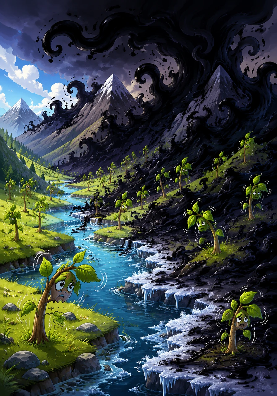 The Shadow, jealous of the growing brightness, began to spread, weaving through valleys and creeping over mountains, threatening to consume everything. The young trees shivered, and the new rivers slowed, feeling the chill of the encroaching darkness.