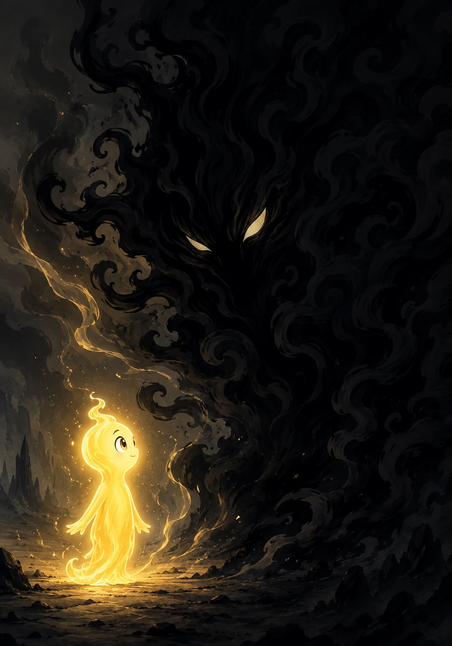 Auri saw the fading light and the spreading gloom and knew they had to act, so they ventured deeper into the dark to confront the source. The Shadow was immense and swirling, a deep void that seemed to pull at all surrounding brightness.
