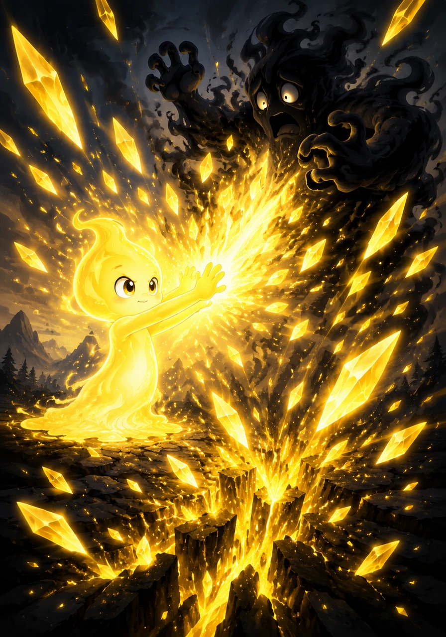 They realized they couldn’t simply fight the darkness, so Auri channeled all their energy and pushed it outward in a brilliant surge. It splintered into countless shimmering shards that scattered across the sky and buried themselves in the earth.