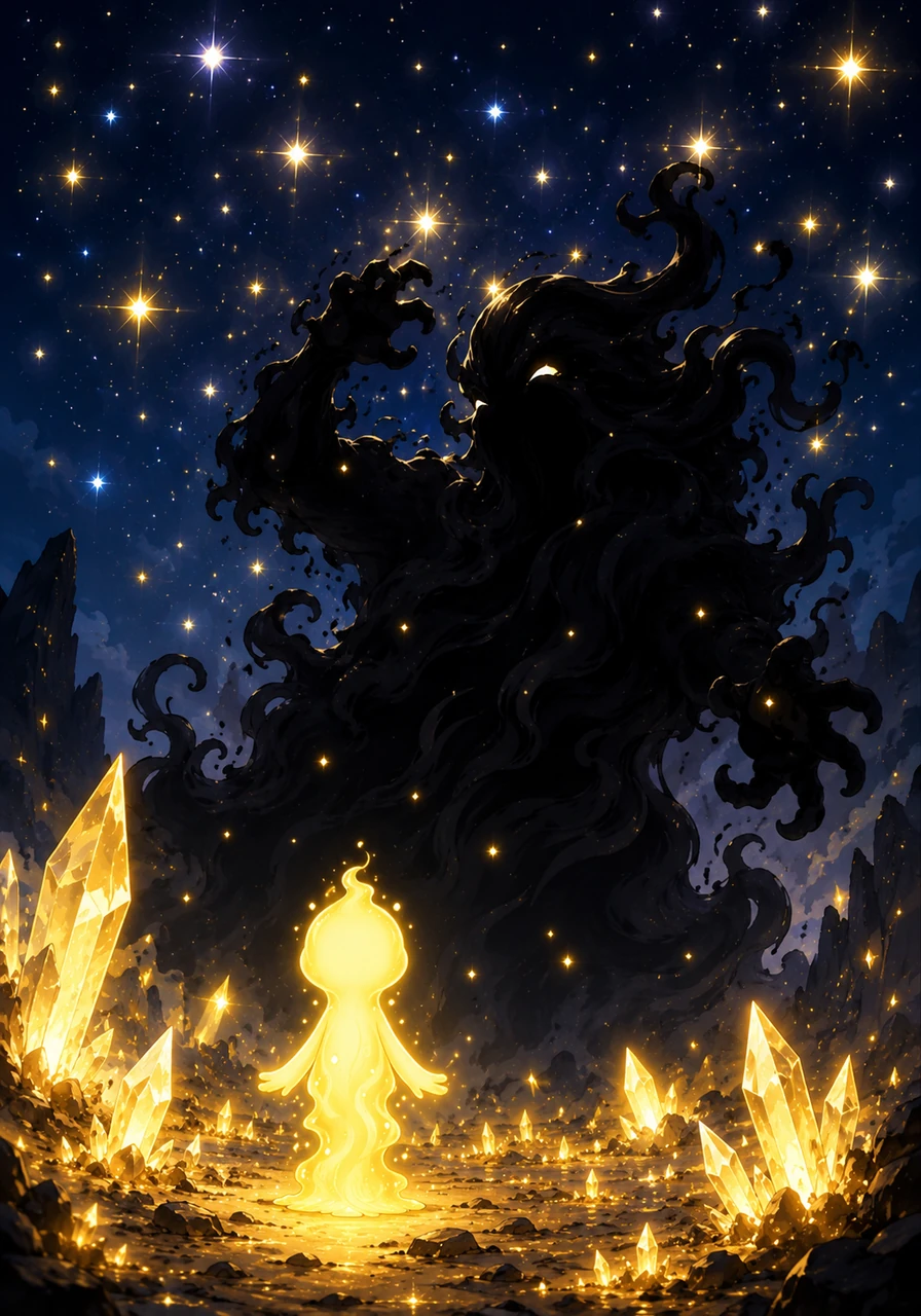 These shards became the first stars, twinkling fiercely above, and glowing crystals deep below, casting light where Auri could not reach. The Shadow recoiled from these pinpricks of constant illumination, unable to extinguish them all.