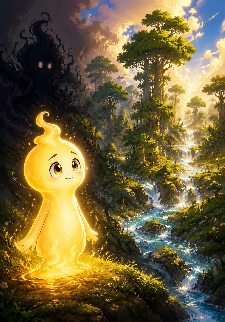 Exhausted but content, Auri watched as the creation flourished, the contrast of light and shadow giving it depth and beauty. The trees grew taller, the rivers flowed faster, and life truly began to thrive, now defined by the rhythm Auri had created.