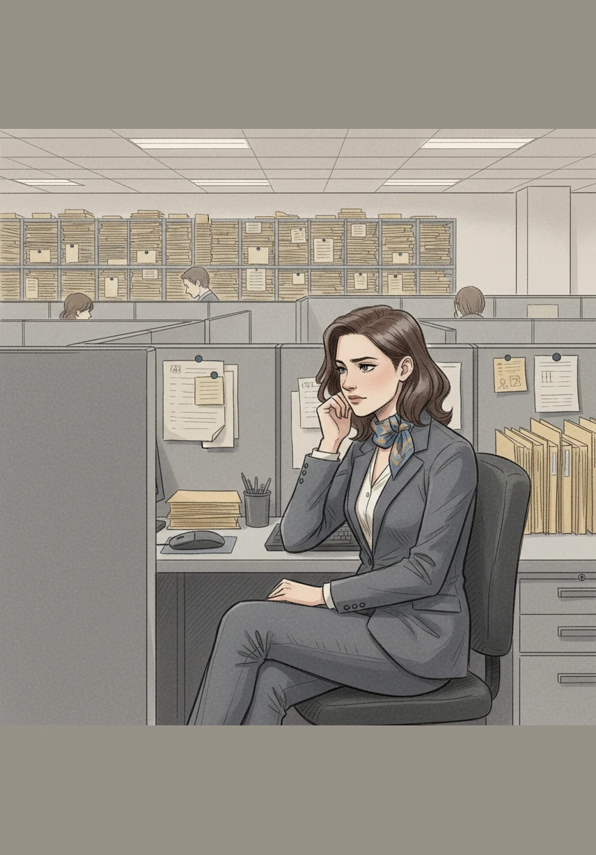 Алиса сидела в своем сером офисе, глядя на бесконечные ряды одинаковых папок и чувствуя себя запертой в чужой истории. Она выполняла привычные действия, но внутри неё росло ощущение, что эта тихая и правильная жизнь — лишь скучный сценарий, написанный кем-то другим.