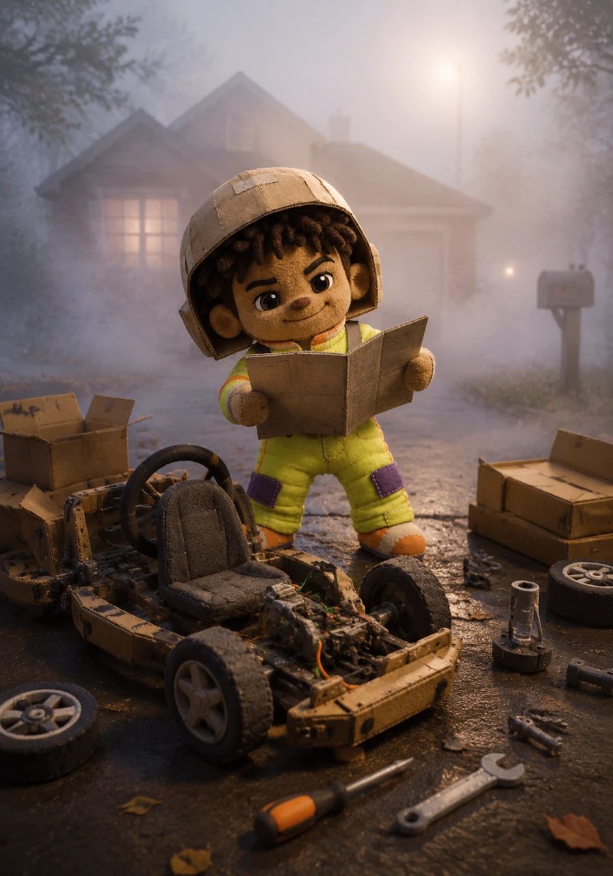 In a misty, surreal Ohio suburb, an aspiring racer named Lewis Hamil-Temu unboxes a surprisingly cheap, self-assembly electric race car ordered from a discount app. Clad in a makeshift cardboard helmet and a neon jumpsuit, he stares at the sketchy instruction manual with a look of pure, unearned confidence.