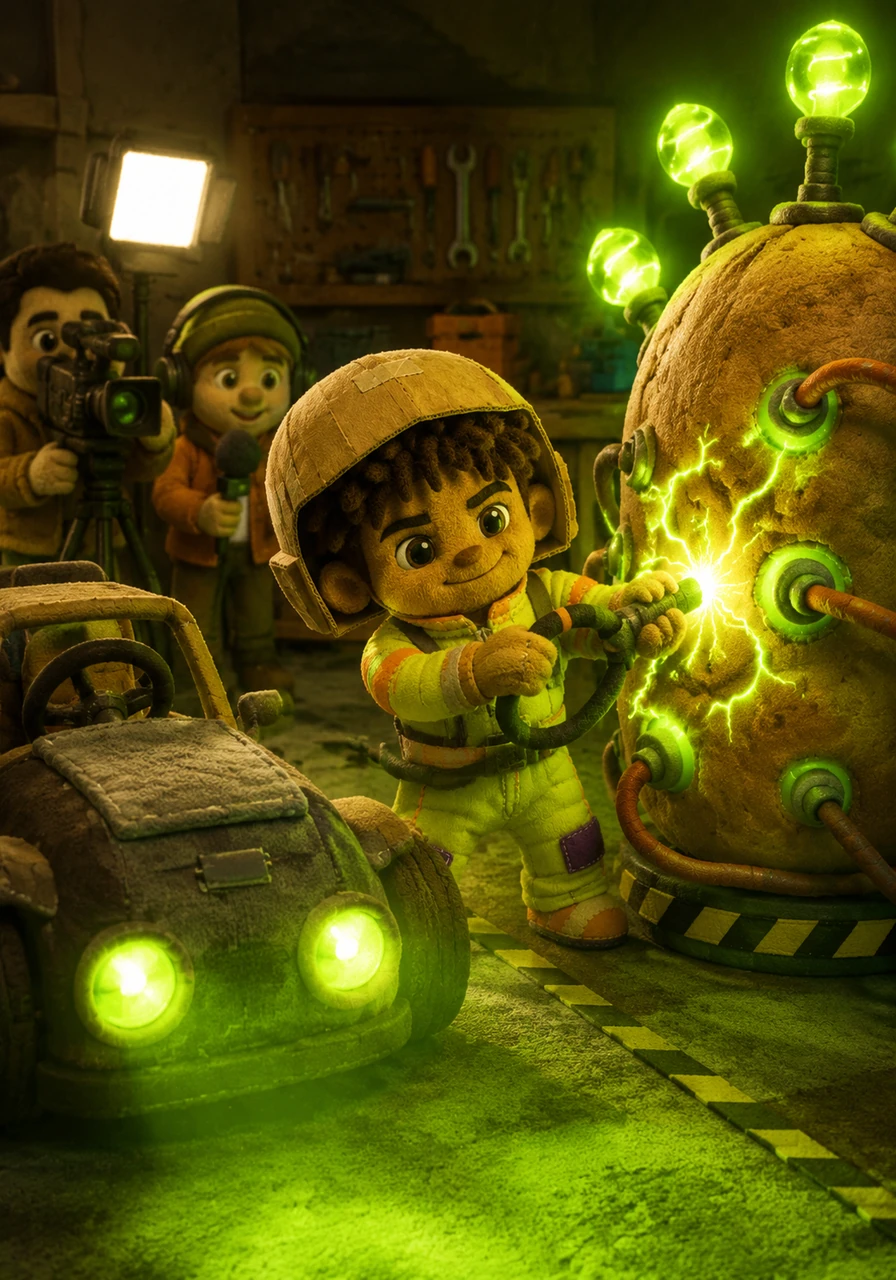 With the help of a local camera crew documenting his journey, Lewis tries to charge his budget vehicle by plugging it into a giant, glowing potato battery setup in his garage. Sparks fly dramatically as the car's headlights flicker to life, casting an eerie, radioactive green glow across the room.
