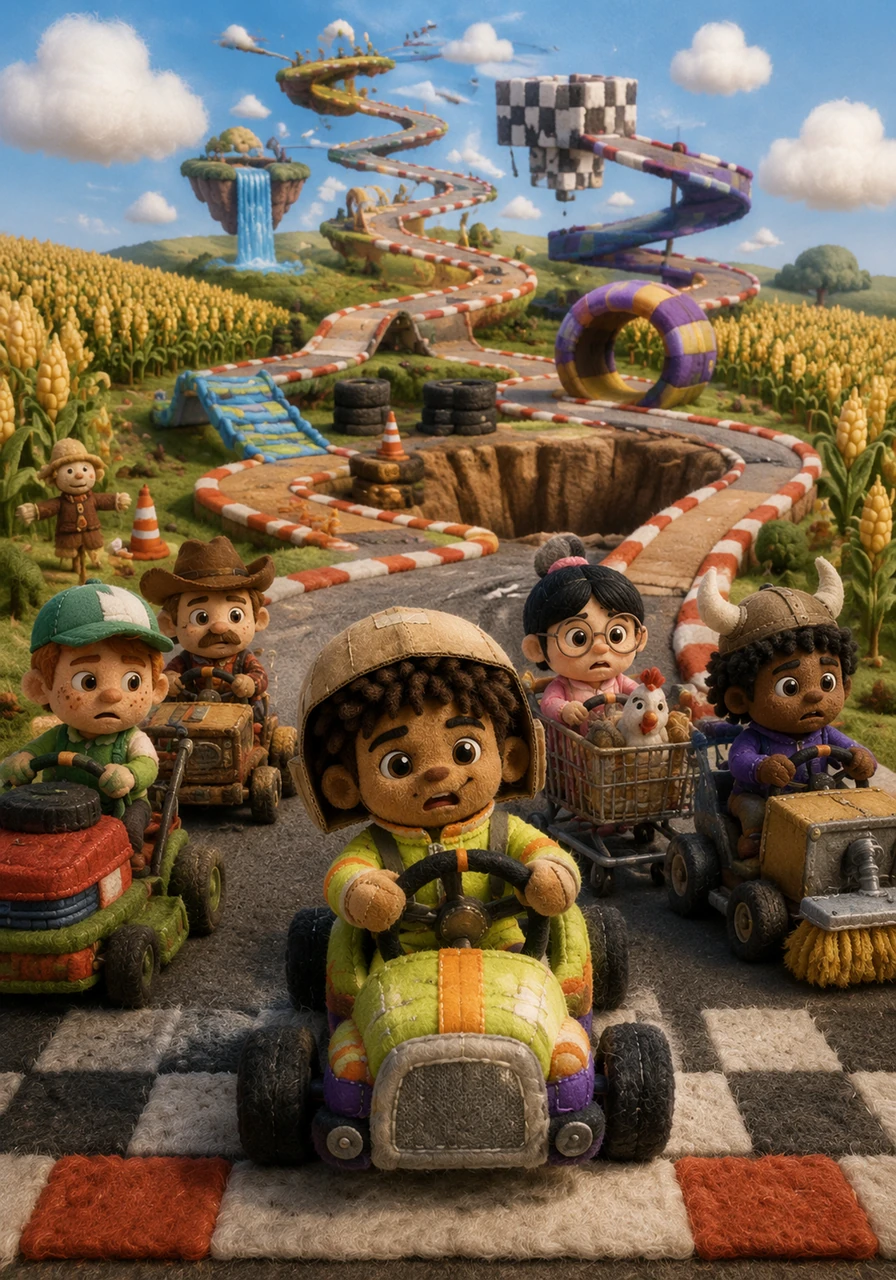 The grand day of the Ohio Grand Prix arrives, but the racetrack is an absurd obstacle course winding through cornfields, giant sinkholes, and floating optical illusions. Lewis lines up at the starting grid alongside bewildered local drivers piloting lawnmowers and modified shopping carts.