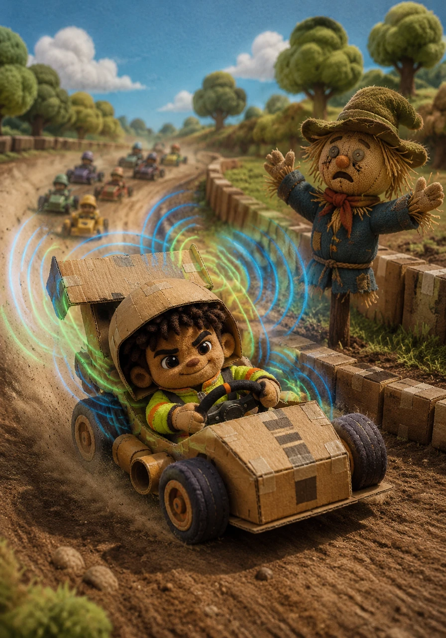 The green flag drops and Lewis hits the accelerator, but the car instantly begins to emit a techno-remix bassline instead of an engine roar. He careens wildly past a confused scarecrow, his cardboard spoiler vibrating at a terrifying frequency as he takes an early, accidental lead.