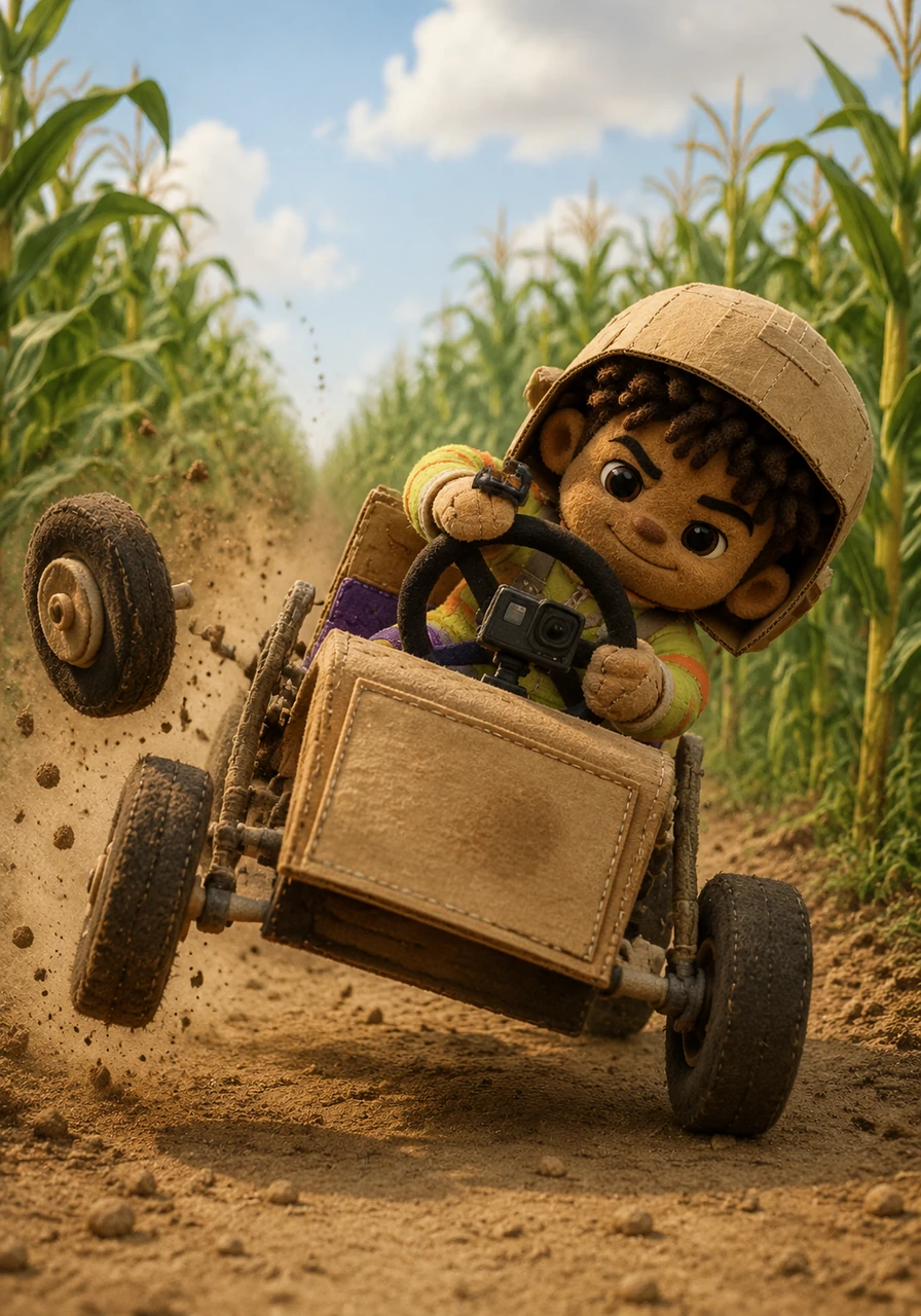 Disaster strikes halfway through the cornfield straightaway when the left front wheel, held together by duct tape and optimism, flies completely off the chassis. Instead of stopping, Lewis leans heavily to the right, balancing the car on three wheels while intensely interviewing for the documentary camera mounted on his dashboard.