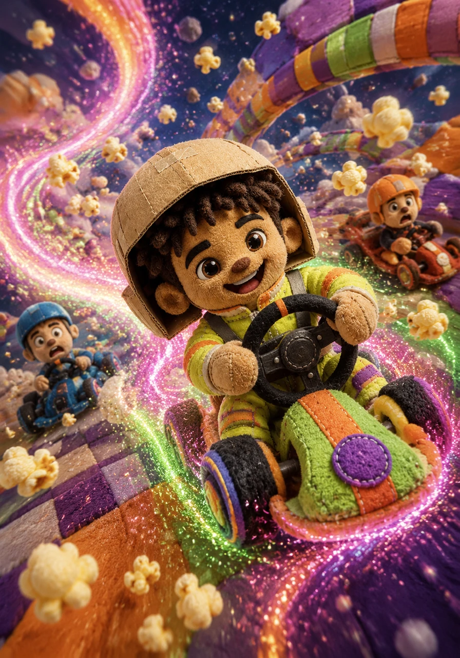With newfound, unstable cosmic power, Lewis blasts through a surreal shortcut that defies the laws of physics, overtaking his rivals at impossible speeds. His facial expression shifts from mild panic to absolute triumph as he leaves a trail of neon glitter and popcorn in his wake.
