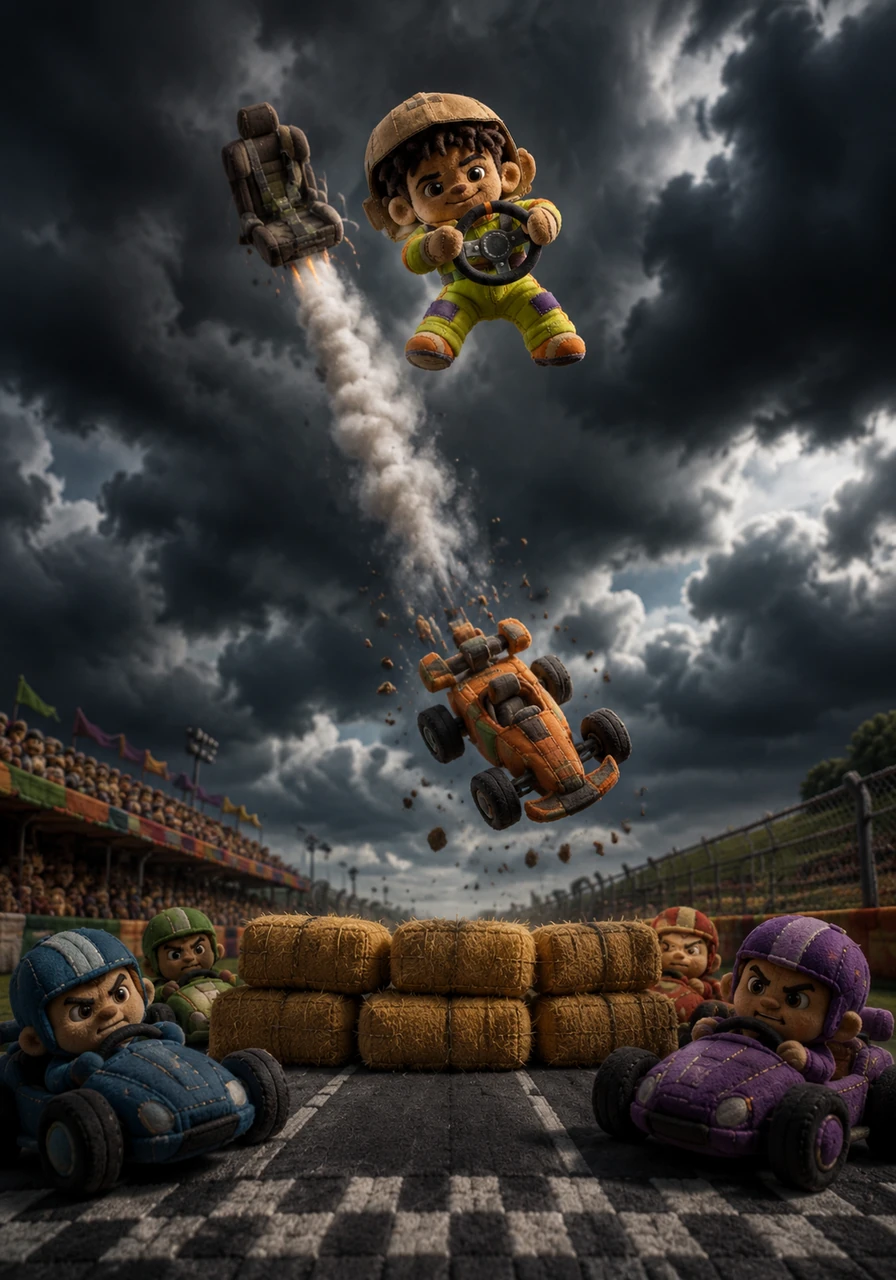 The rival drivers try to block the finish line with a wall of hay bales, but Lewis activates the car's hyper-budget ejector seat. He launches high into the stormy Ohio sky, holding his steering wheel tightly while his car plummets toward the final stretch below.
