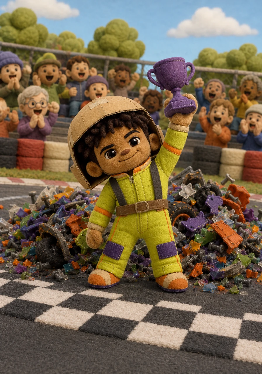 Landing gracefully back on the track with a loud crunch, Lewis crosses the finish line just as the entire vehicle dissolves into a pile of recycled plastic and loose screws. He emerges from the wreckage completely unharmened, holding a plastic trophy aloft as the small crowd of confused onlookers bursts into applause.