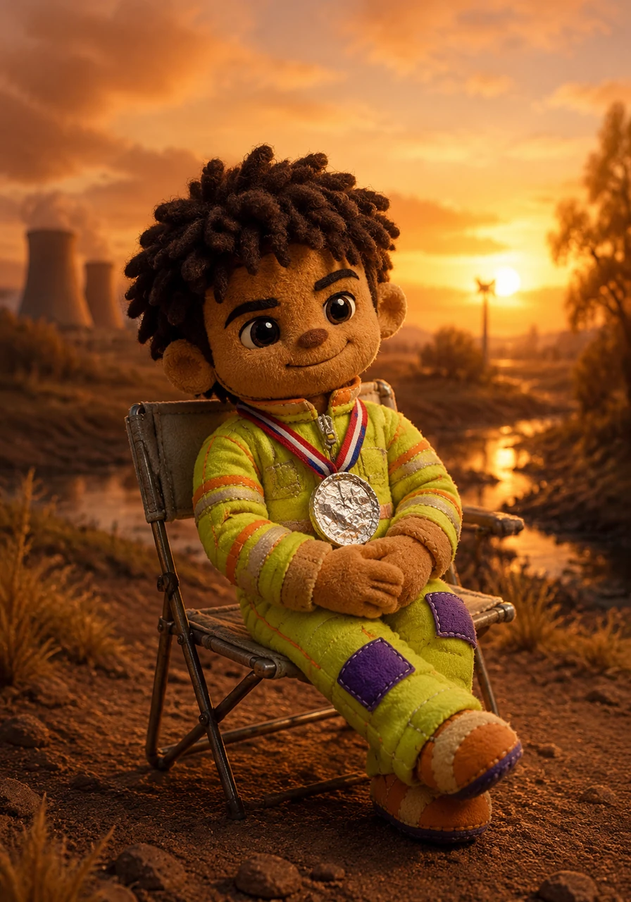 Sitting in a folding chair for his final documentary interview, Lewis reflects on his chaotic victory while wearing a cheap foil medal around his neck. Behind him, the sun sets over the strange Ohio landscape, proving that you don't need a billion-dollar budget to become a racing legend.