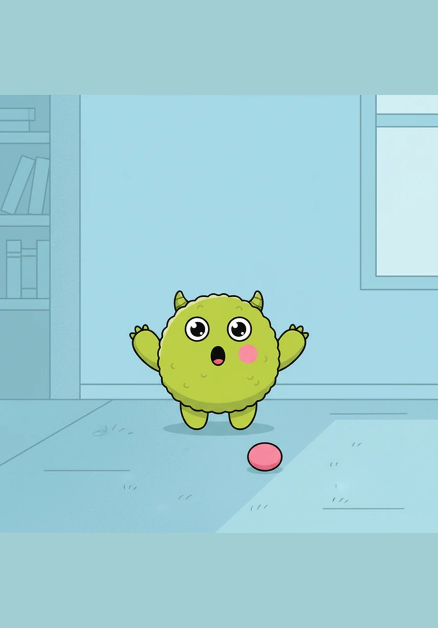 Momo the Monster is a friendly green friend with big round eyes and a fluffy body. Oh no! His pink cheek has fallen off and is sitting on the floor nearby. Momo looks surprised and asks for help to find it, then smiles happily as he puts his cheek back where it belongs.