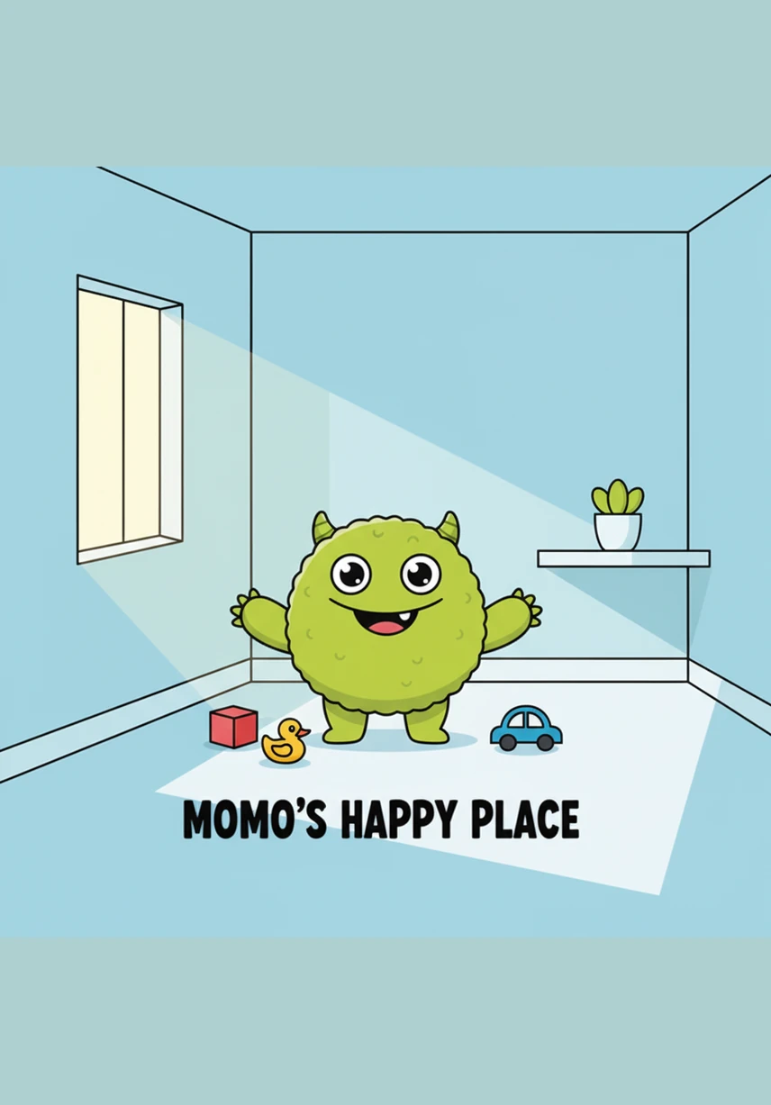 Momo is showing off a big grin, but he realizes one white tooth is missing from his smile! He looks around the plain, bright room and spots the tooth on the ground. He picks it up and puts it back in his mouth so he can smile perfectly again.