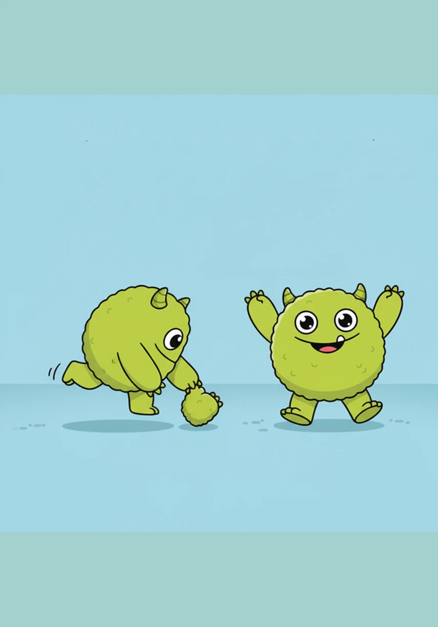 Momo is balancing and hopping on just one leg because he lost his green, fluffy foot! He looks down and sees his foot resting on the floor. Momo reaches out, grabs his foot, and stands tall on both feet with his arms raised in a happy cheer.