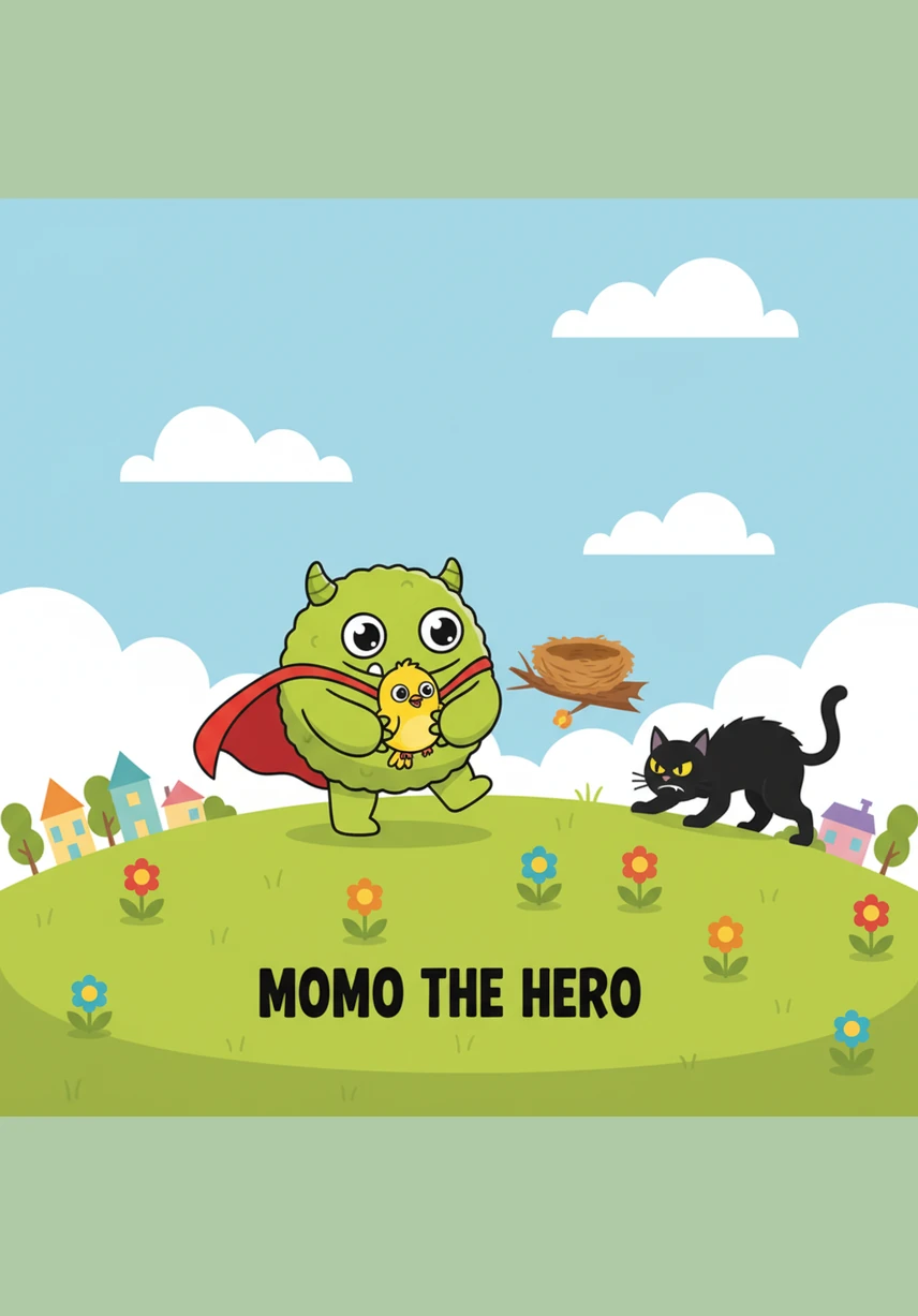 Momo looks at his body and notices that one of his shoulders is gone! He finds the missing shoulder piece nearby on the soft pastel background and snaps it back into place. Now Momo can lift both of his arms high to show how happy he is.