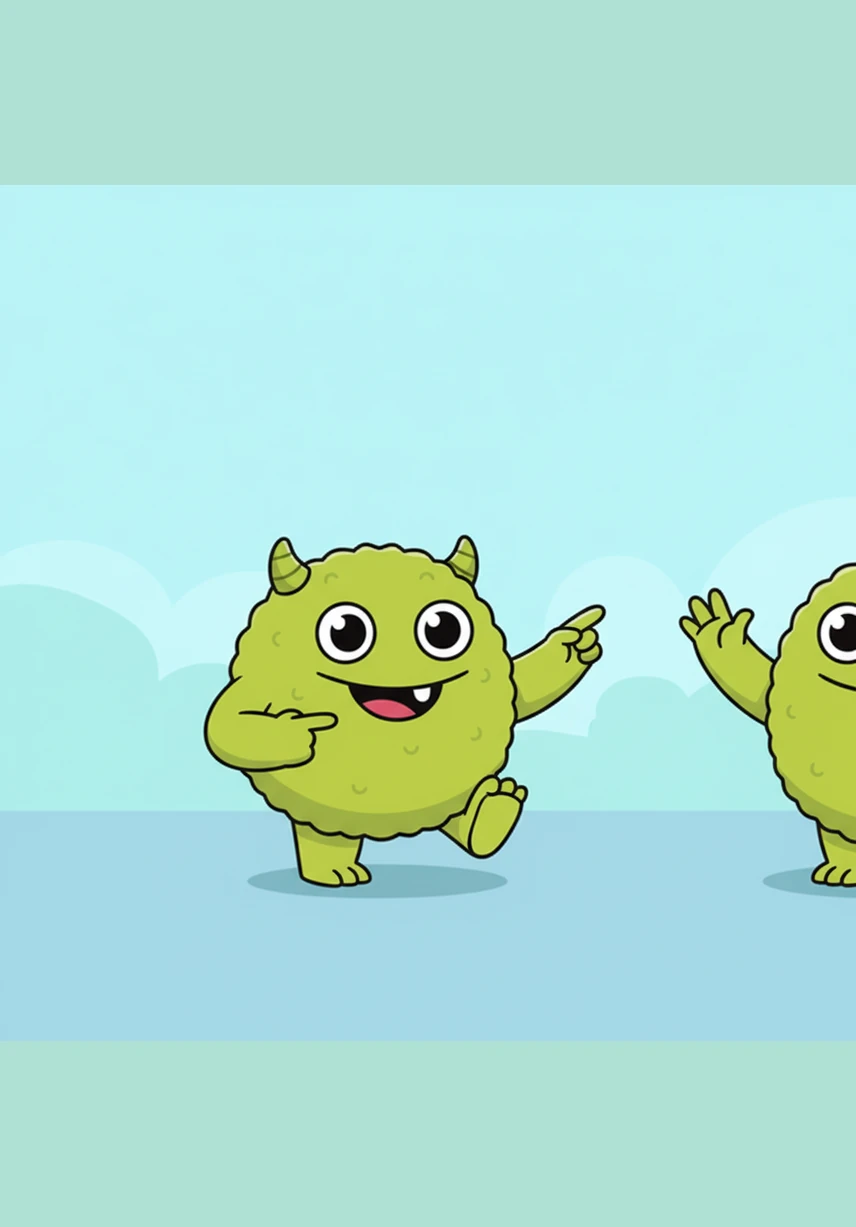 Momo is now completely whole and looks very happy in a bright, cheerful setting. He points to his cheek, tooth, foot, shoulder, chin, and finger to show that everything is back in place. Momo waves a big, friendly goodbye to his friend for helping him today.