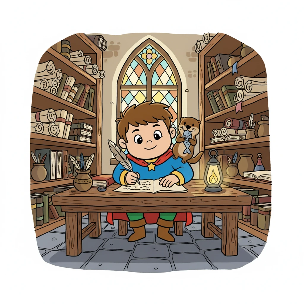 Mike Cundall, a jovial author, sat in his cozy medieval study, writing furiously. His otter companion, perched on his shoulder, chewed thoughtfully on a fish. The room was filled with scrolls, quills, and the scent of old parchment.