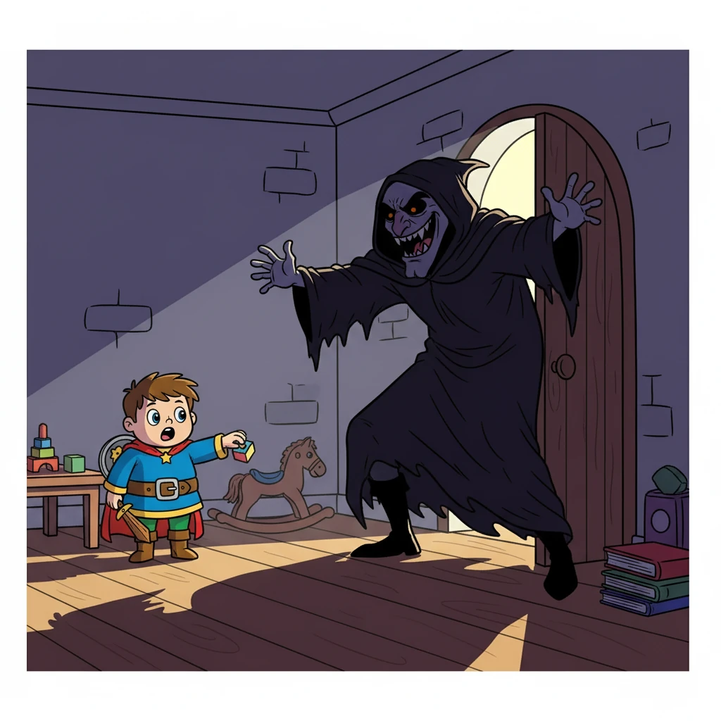 Suddenly, a shadow fell across the room. Giles Deleuze, a sinister figure in a black cloak, burst in, cackling evilly. He declared his intention to banish all laughter from the kingdom.