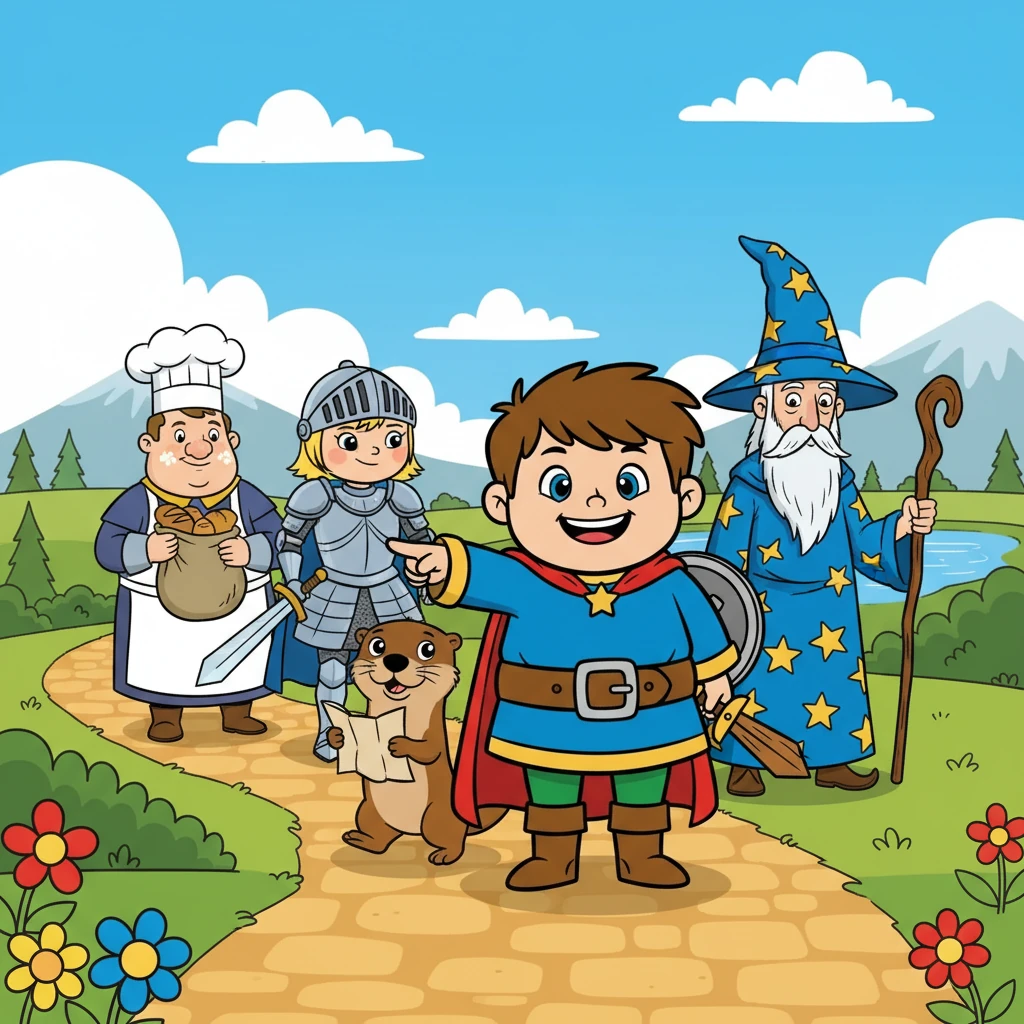 Mike, accompanied by his otter, set off on a quest. They met Vanessa, a brave knight, Tom, a clumsy but kind baker, and Pete, a wise old wizard. They all joined the quest.