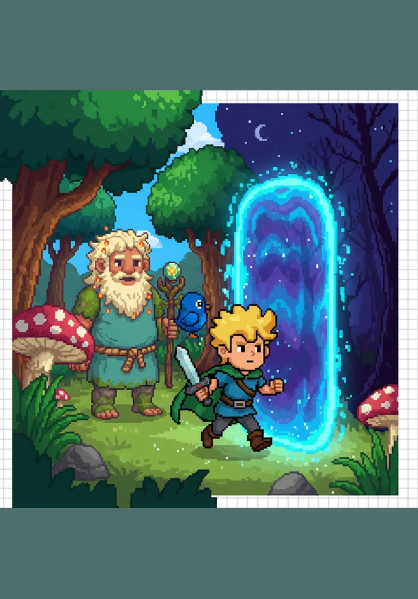 Er sagt mutig das Wort Hallo zur Karte, und plötzlich öffnet sich ein leuchtendes Portal mitten im Raum. Ohne zu zögern, tritt Lukas hindurch und landet in einer Welt, die aus bunten Farben und Buchstaben besteht.