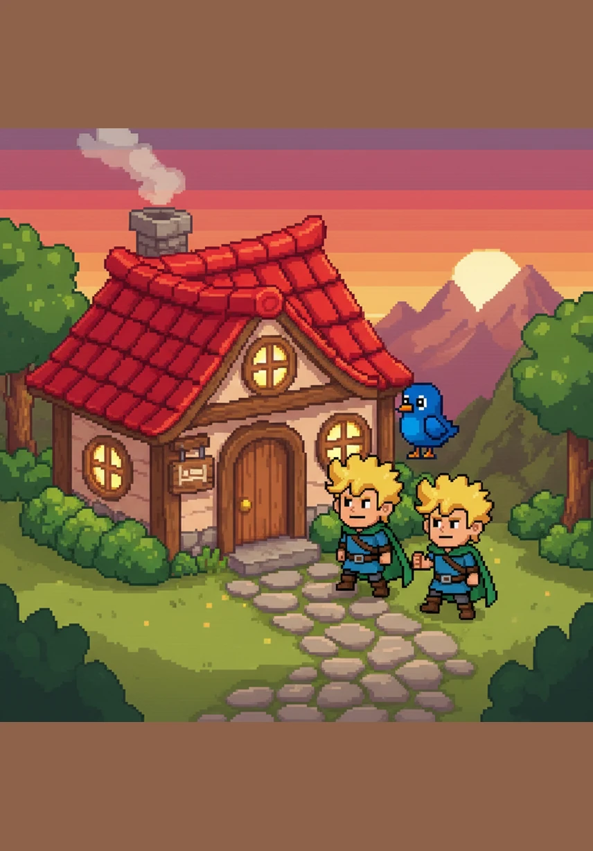 Sie wandern gemeinsam zu einem winzigen, gemütlichen Haus mit einem leuchtend roten Dach und runden Fenstern. Lukas lernt, dass dies ein Haus ist, in dem man wohnen und sich ausruhen kann.