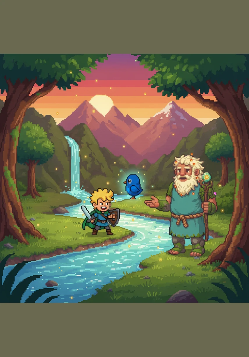 Ein breiter, glitzernder Fluss versperrt ihnen den Weg durch das weite, grüne Tal. Lukas betrachtet das klare Wasser und findet eine alte Holzbrücke, die ihn sicher auf die andere Seite führt.