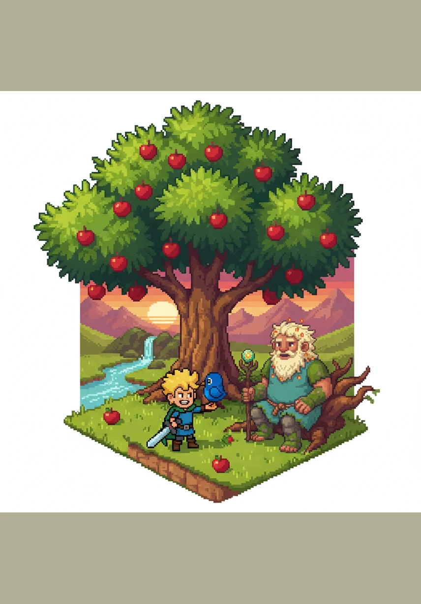 Unter einem riesigen Apfelbaum trifft Lukas einen freundlichen Riesen, der gerade eine Pause macht. Der Riese reicht ihm einen saftigen, roten Apfel und bringt Lukas das wichtige Wort Essen bei.