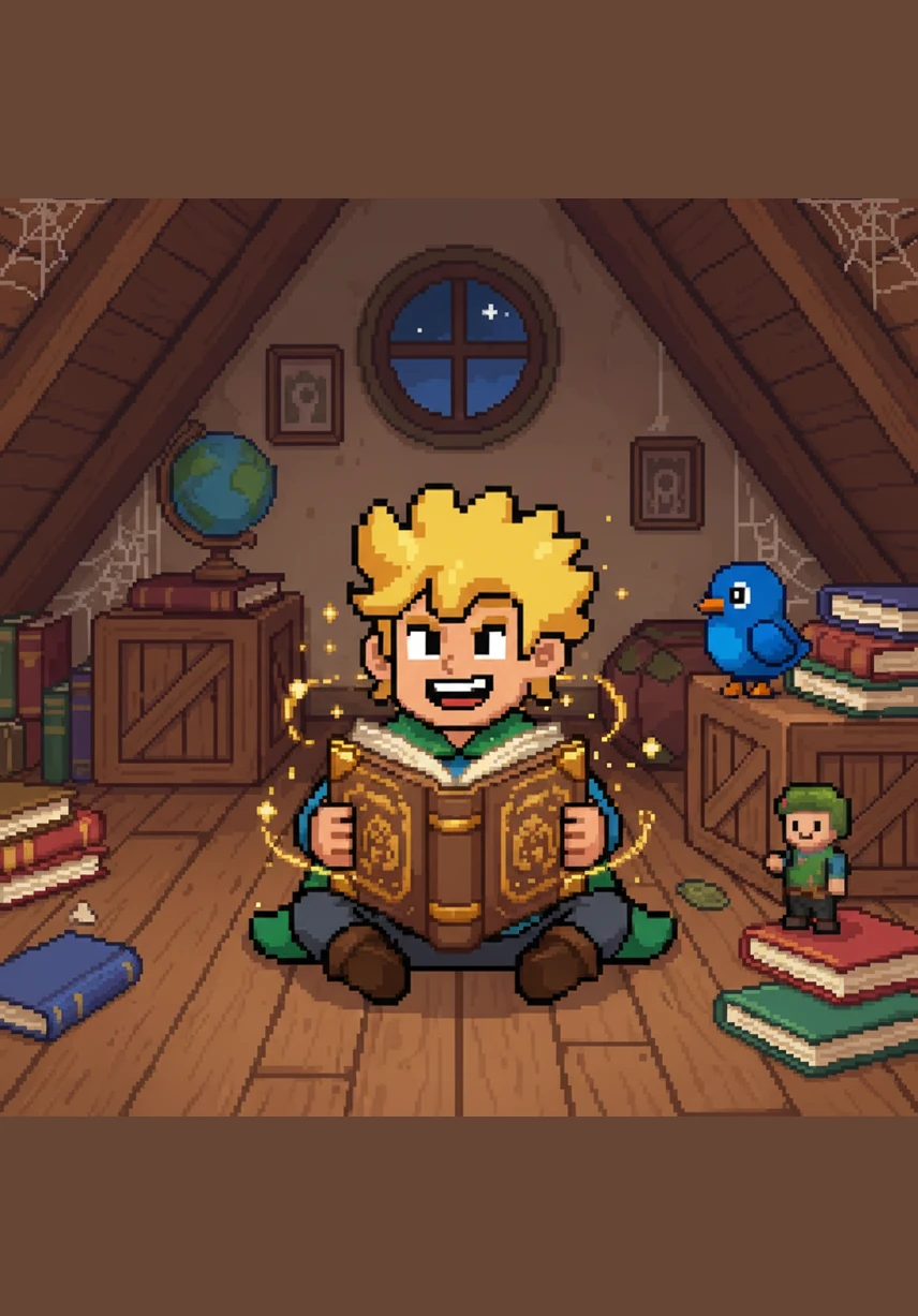 Mit einem Blinken der Karte findet sich Lukas plötzlich wieder in seinem Zimmer auf dem Dachboden wieder. Er schließt glücklich sein neues Buch und weiß, dass jedes gelernte Wort ein neues Abenteuer bedeutet.