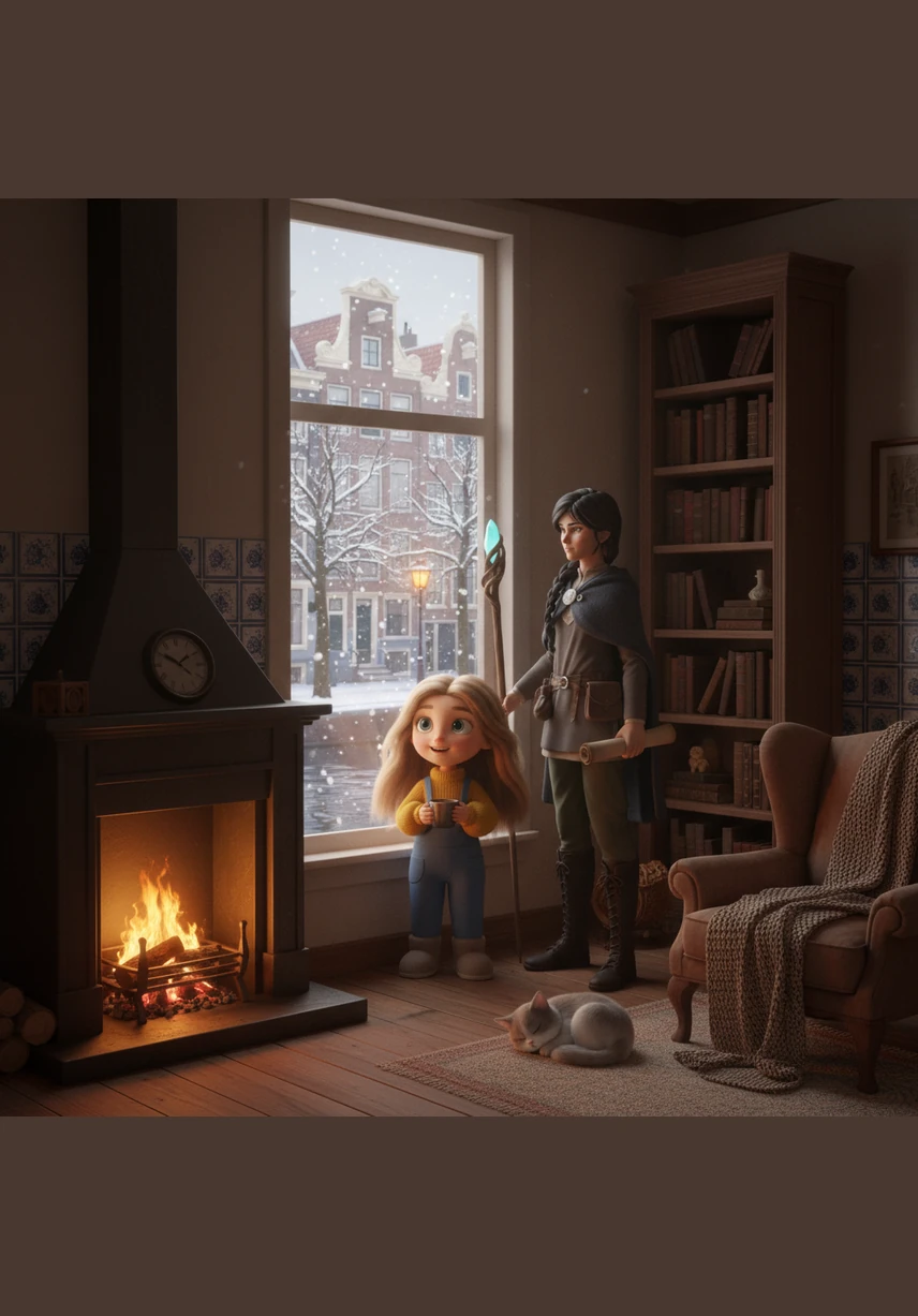 Lima stands by a tall window overlooking a sparkling Amsterdam canal, her family gathered around a wooden table. Beside her is her older sister Roos, whose bright smile lights up their cozy home in the heart of the big city.