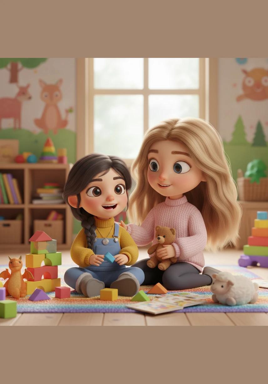 In their colorful playroom, Lima helps Roos stack soft blocks into a tall tower. Although Roos is the older sister, she moves a bit more slowly, and Lima patiently guides her hand to keep the tower from wobbling.