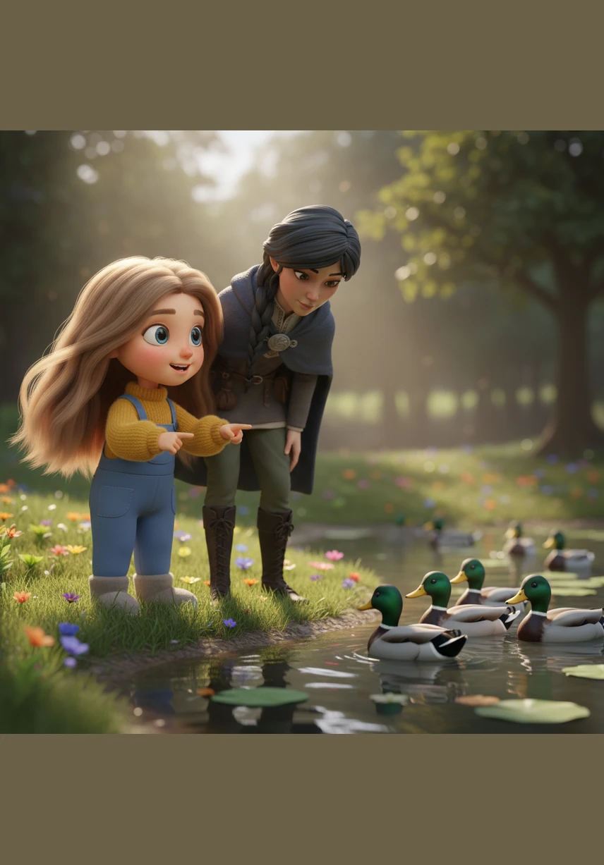 By the edge of a pond, Roos points excitedly at a group of ducks, her eyes wide with wonder. Lima realizes that Roos notices the small, beautiful details of life that others often rush past without a second thought.