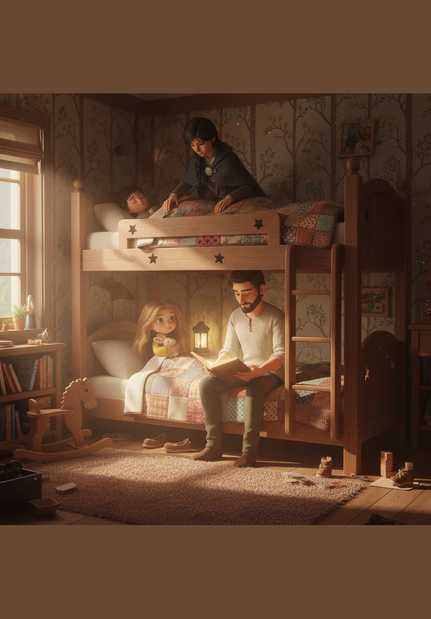 Back at home, Mom and Dad tuck the girls into their beds, sharing stories of their day’s adventures. The room is filled with warmth and the soft glow of a nightlight, showing that love is the strongest bridge in their family.